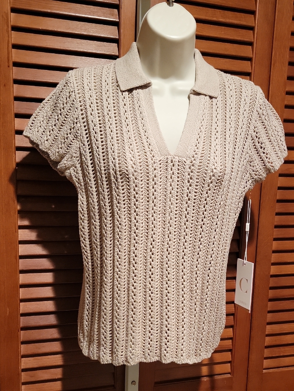 CYRUS  OPEN KNIT SHORT SLEEVE POLO SWEATER